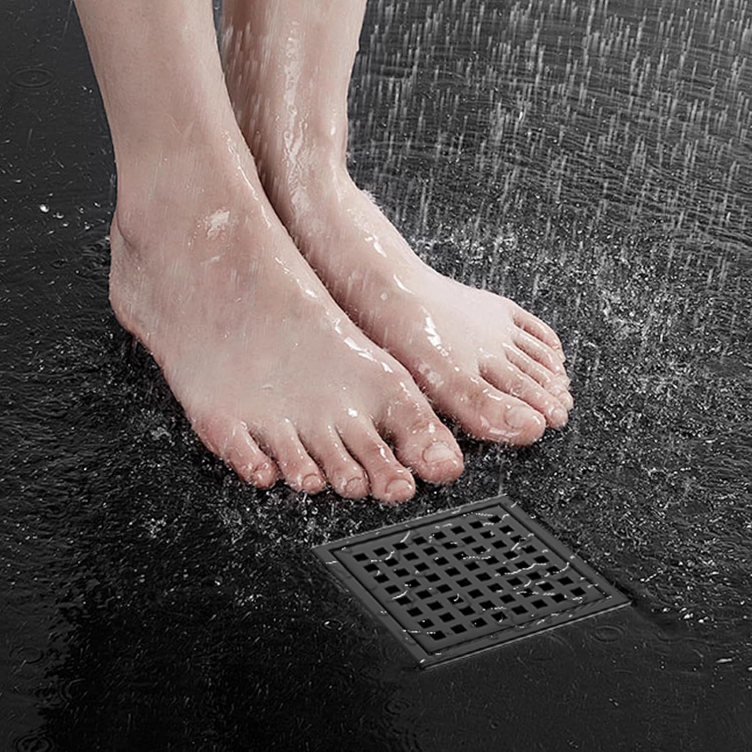 6 Inch Square Shower Drain with Flange Matte Black