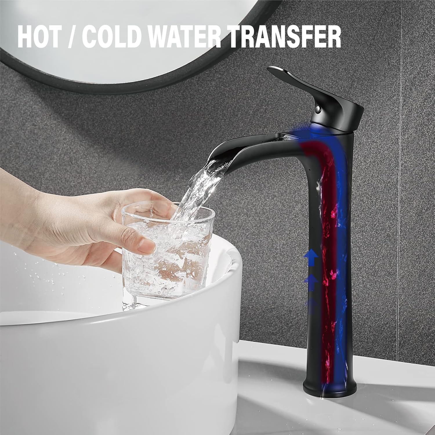 YUNDOOM Matte Black Vessel Sink Faucet with Waterfall Design