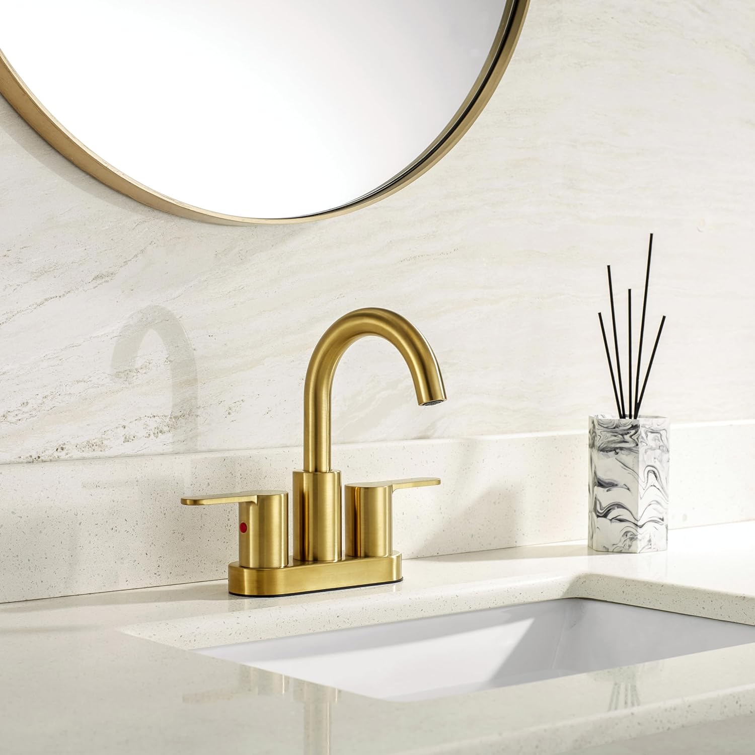 TimeArrow Brushed Gold 2 Handle Centerset Faucet with Drain 4 Inch High Arc