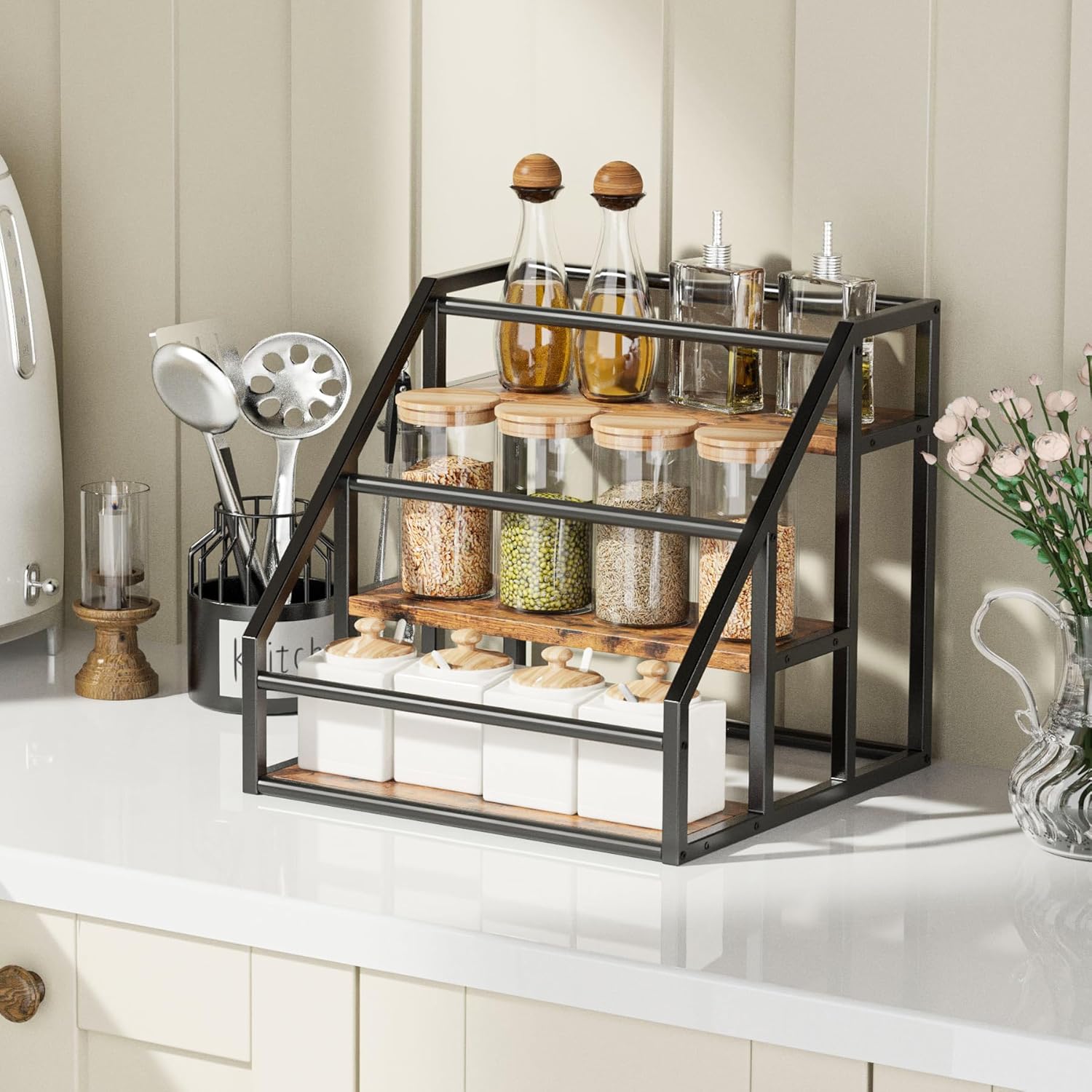 Vantimo Coffee Syrup Rack Organizer 3 Tier Rustic Brown 1