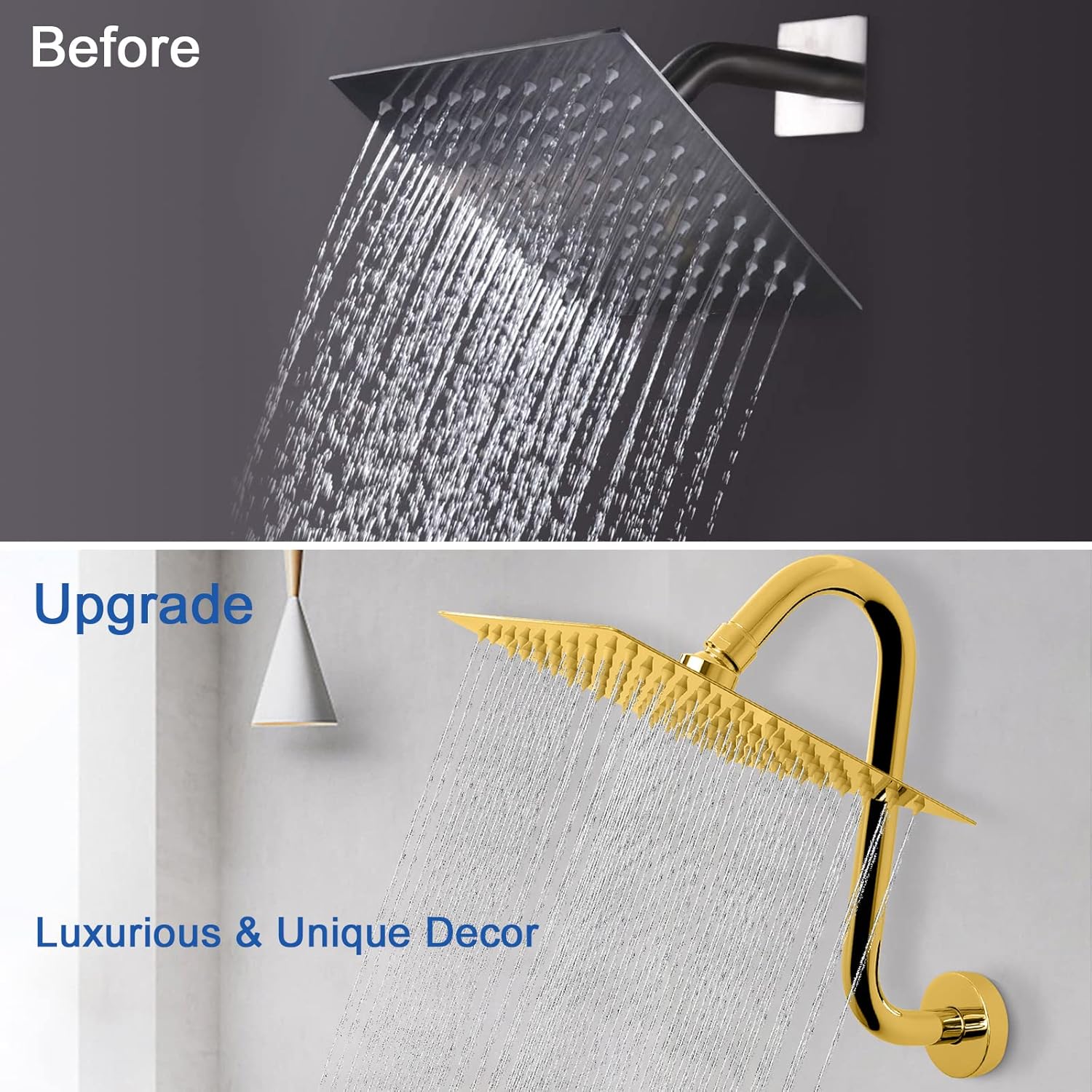 NearMoon S Shaped Shower Head Riser 12 Inch Chrome Gold