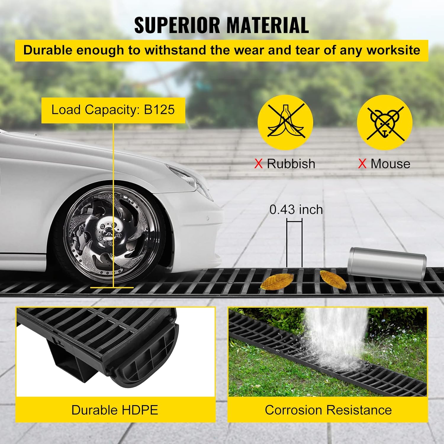 VEVOR Trench Drain System 4 Pack with HDPE Drain Trench and Plastic Grate