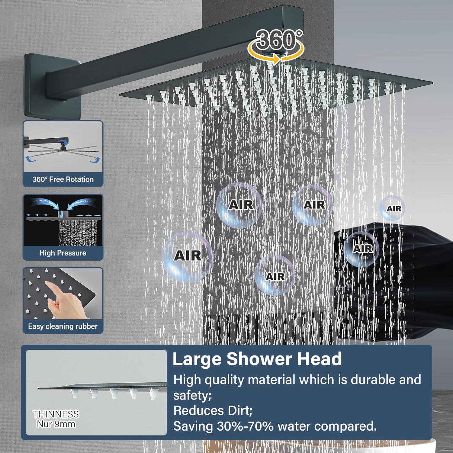 Ackwave Matte Black Rain Shower System Set