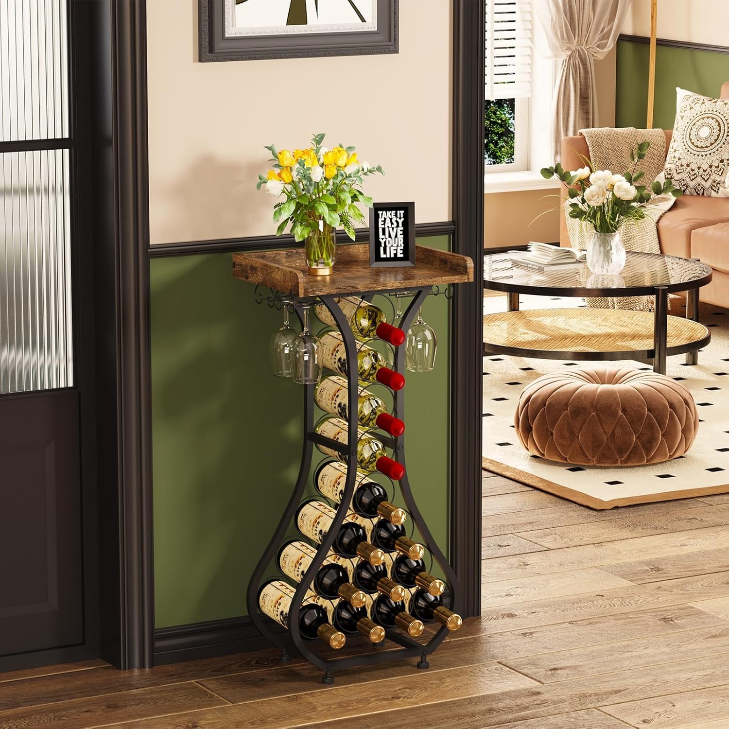 X-cosrack Freestanding Wine Rack with 14 Bottle Capacity and Glass Holder