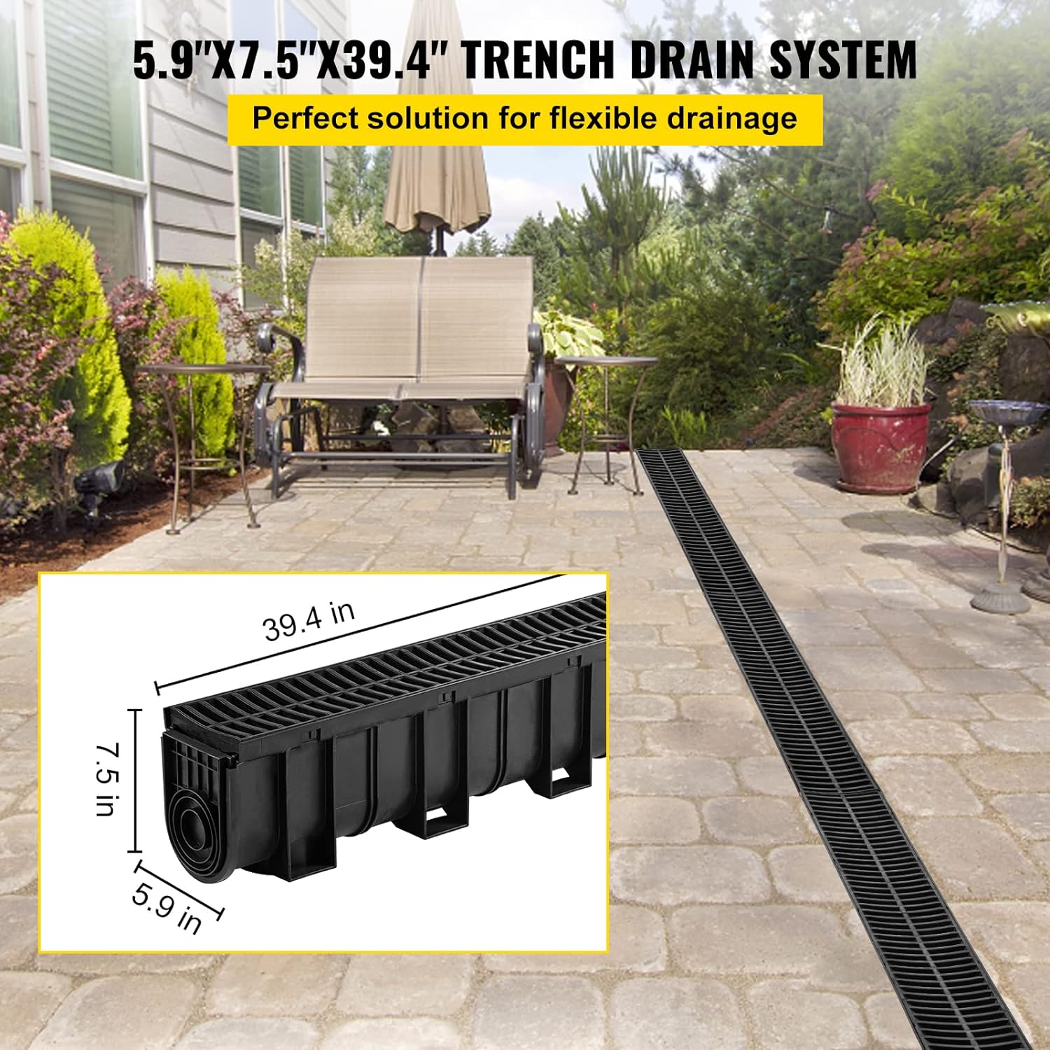 VEVOR Trench Drain System 4 Pack Black HDPE Drainage Trench