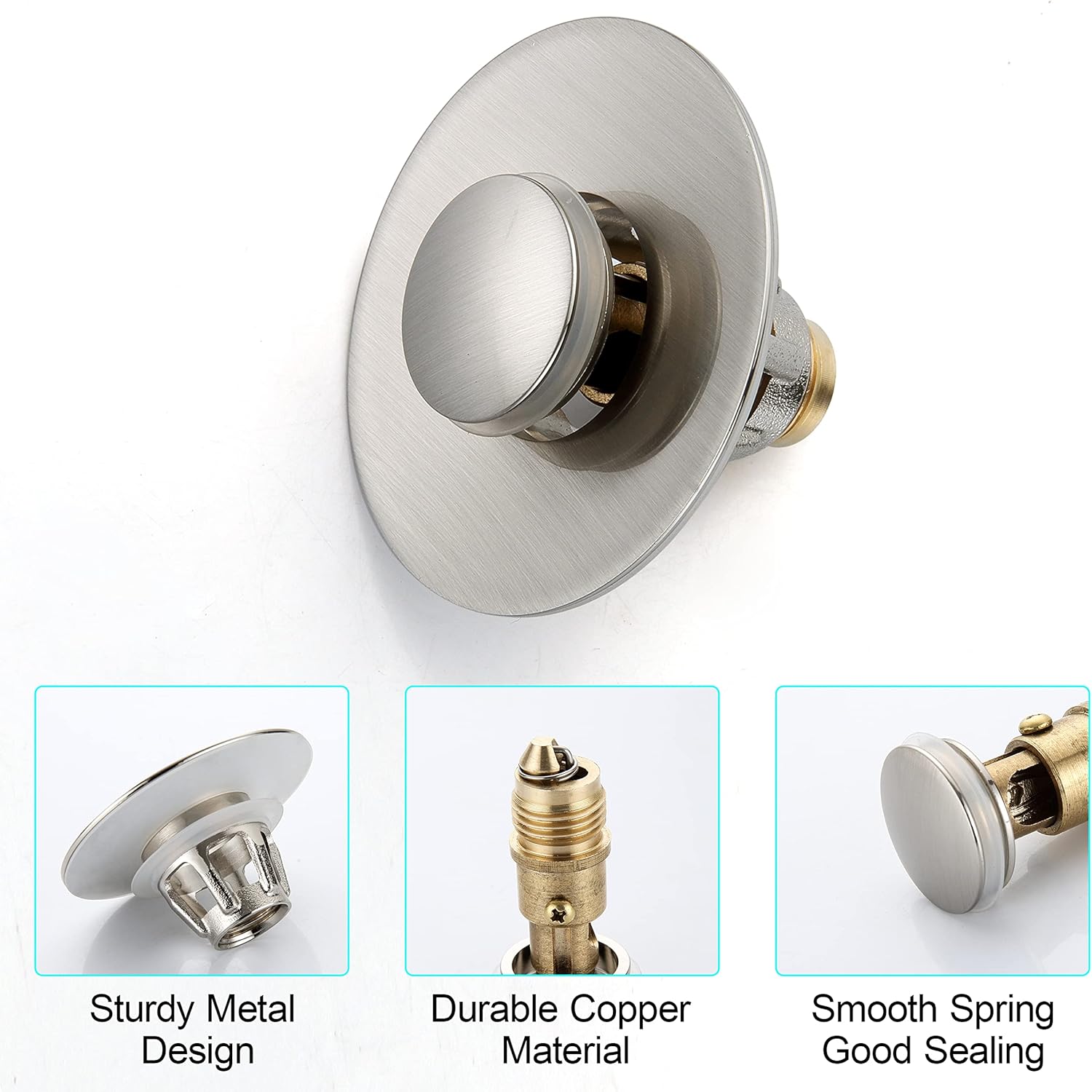 Universal Sink Stopper - Brushed Nickel Drain Plug with Anti-Clogging Strainer