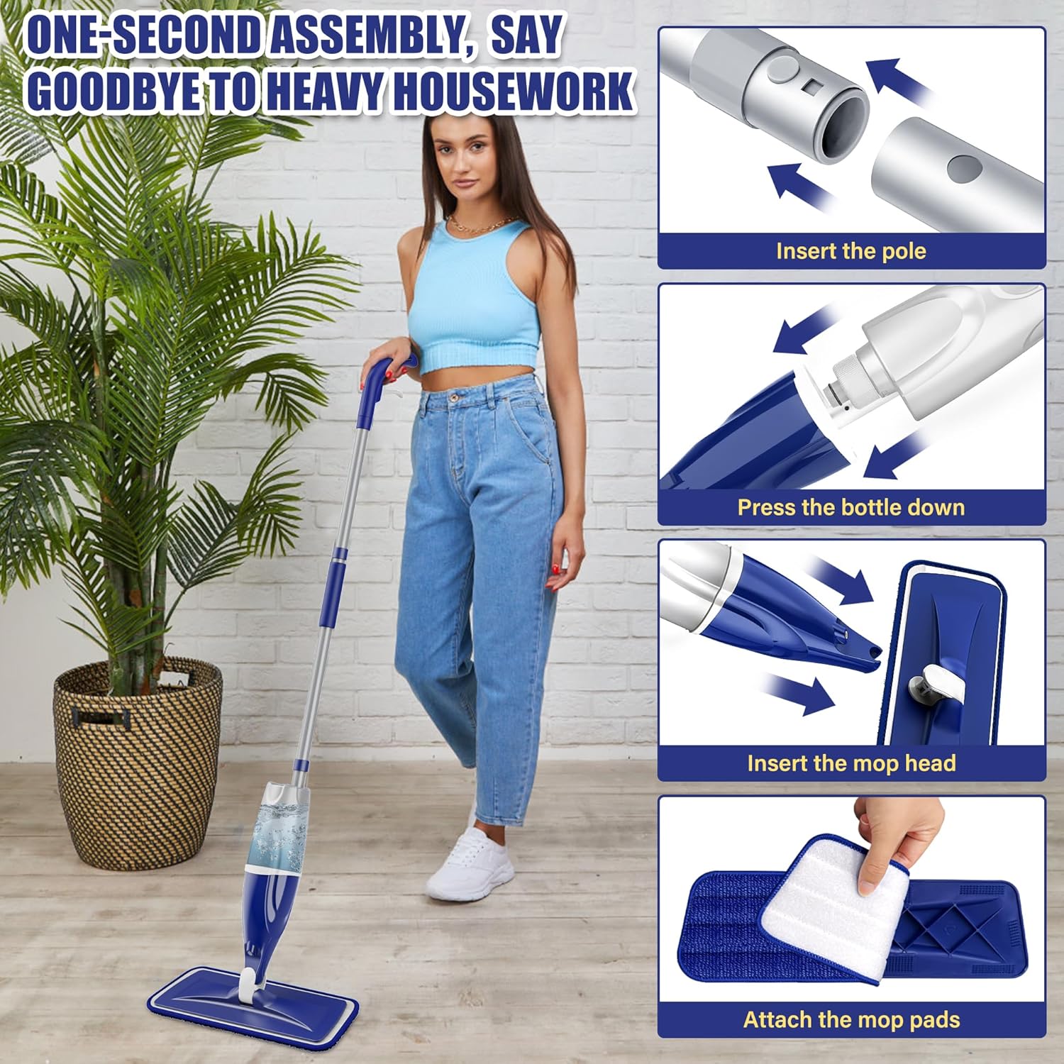 EXEGO Spray Mop with 3 Reusable Pads for Multi-Surface Cleaning