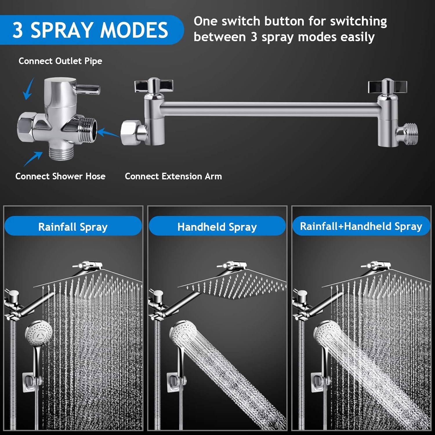 PinWin Shower Head Combo with 5 Settings and 11 Inch Arm 1