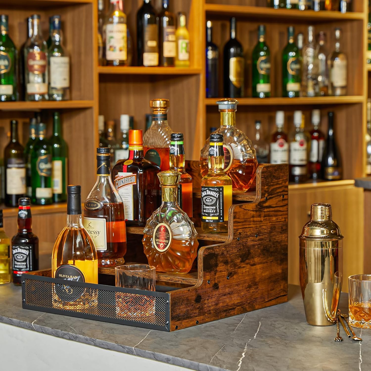 4 Tier Countertop Liquor Display Shelf with Fences