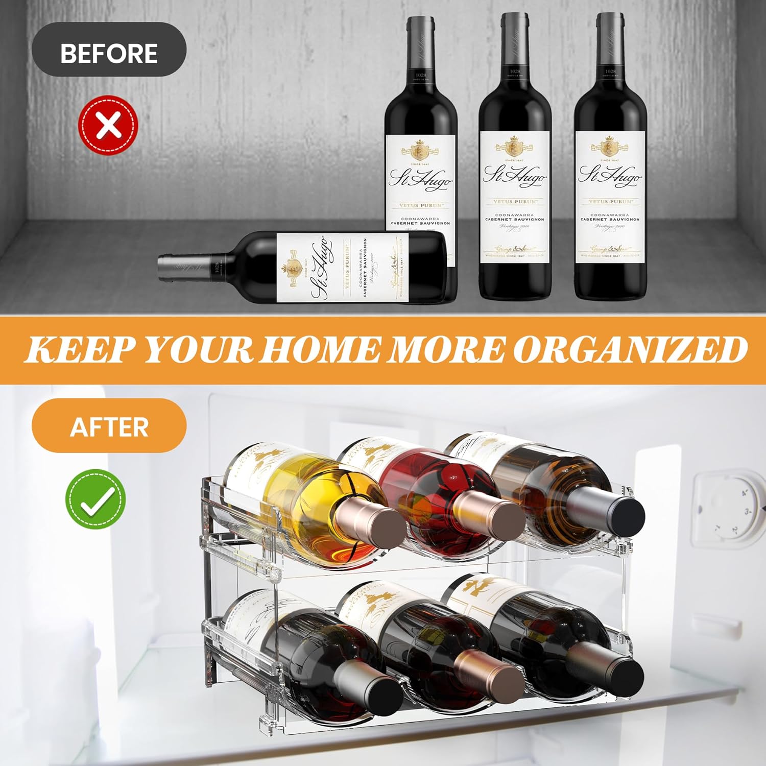 Stackable Wine Rack for Fridge 2 Tier Hold 6 Bottles