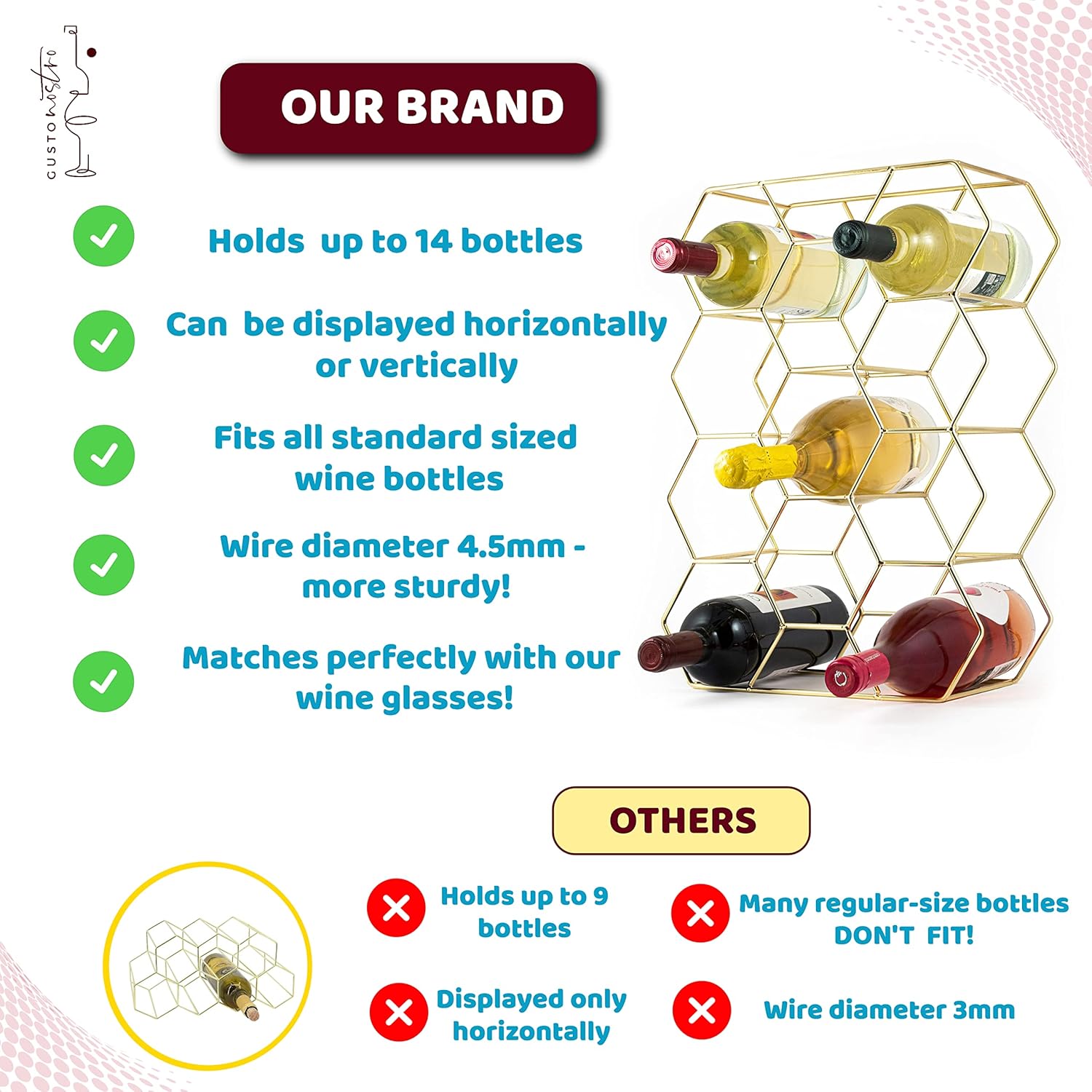 Gusto Nostro 14 Bottle Tabletop Wine Rack - Gold Metal 3 Tier Modern Design