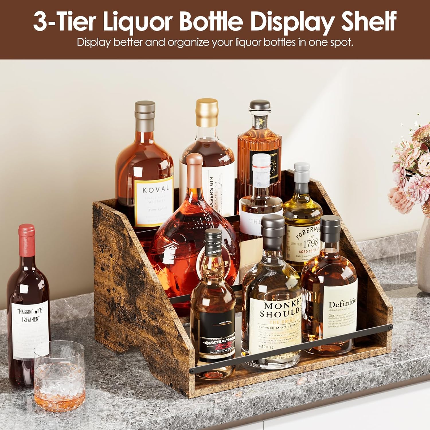 Nuovoware Wooden Liquor Wine Rack with 3 Steps