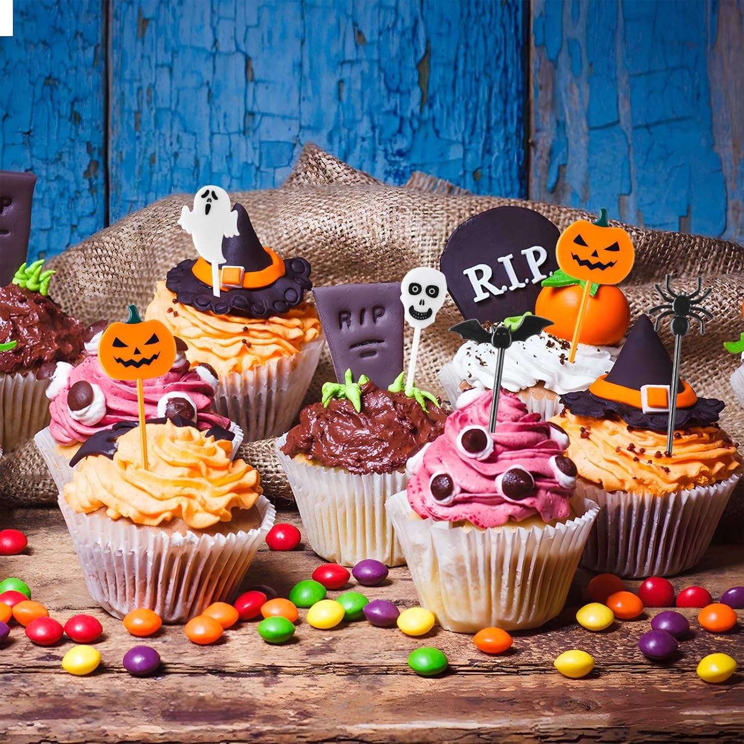 FUSHENMU 100pcs Halloween Cupcake Picks Decorations