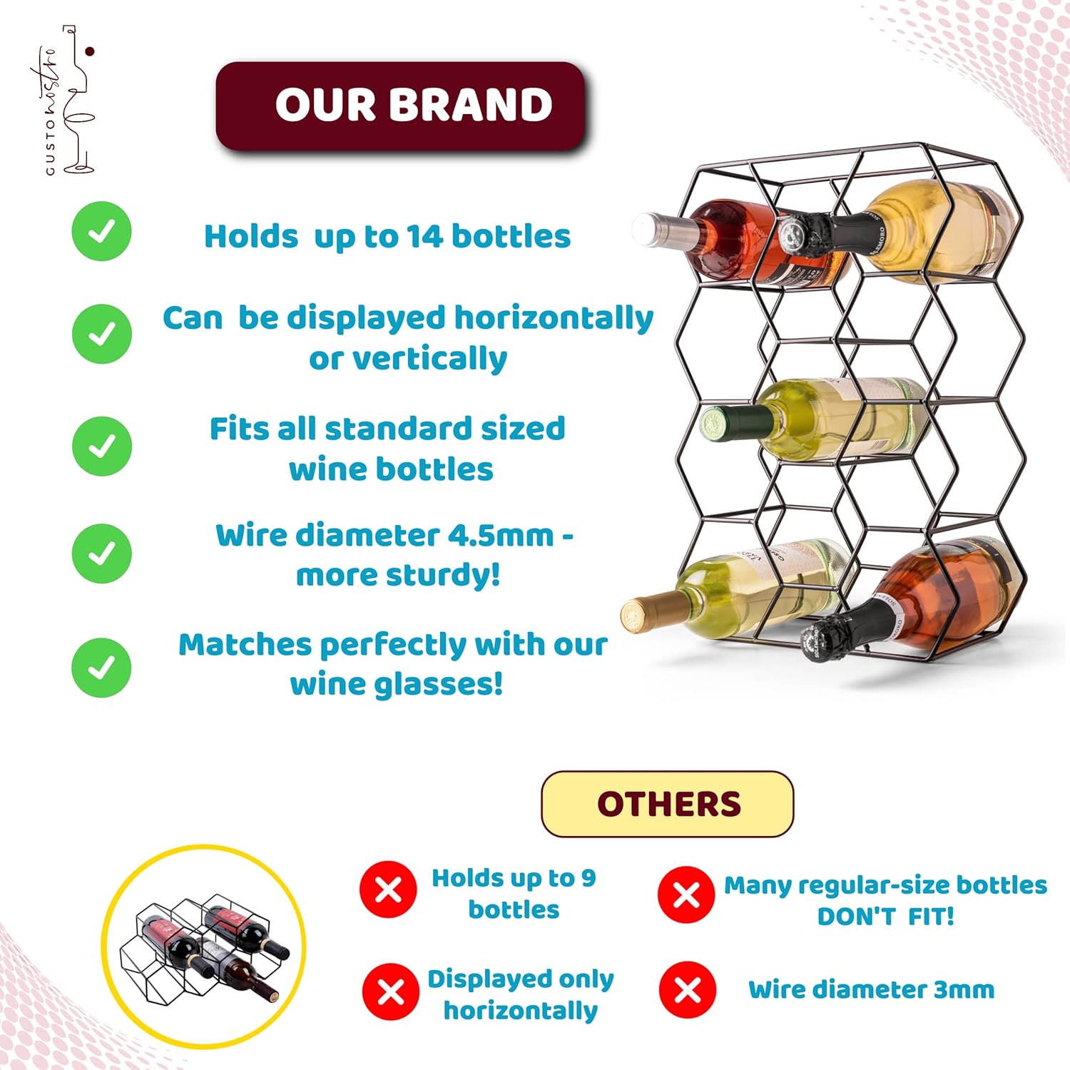 Gusto Nostro 14 Bottle Countertop Wine Rack - Modern Black Metal 3 Tier