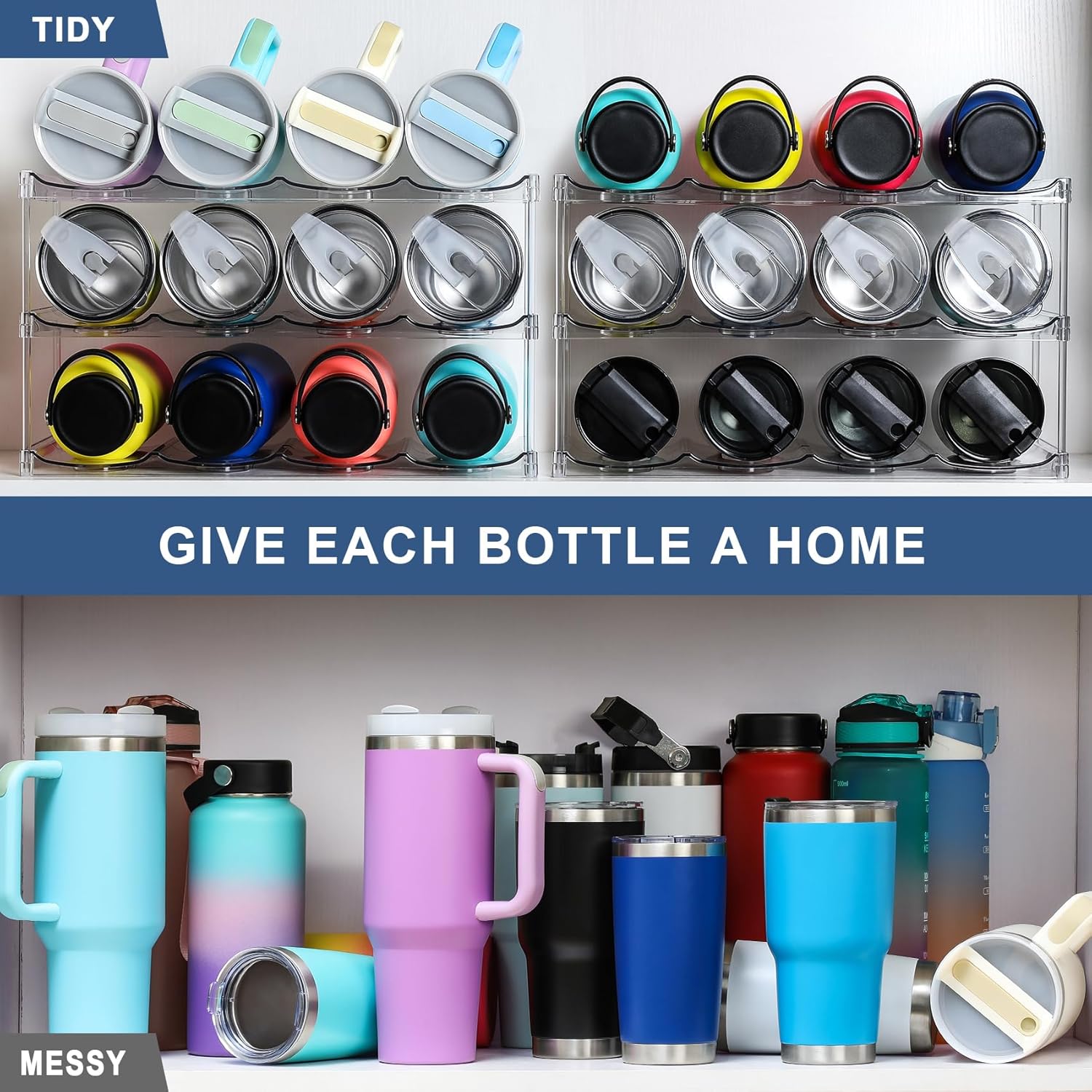 3 Tier Stackable Water Bottle Organizer - 12 Cup Holder for Large Bottles