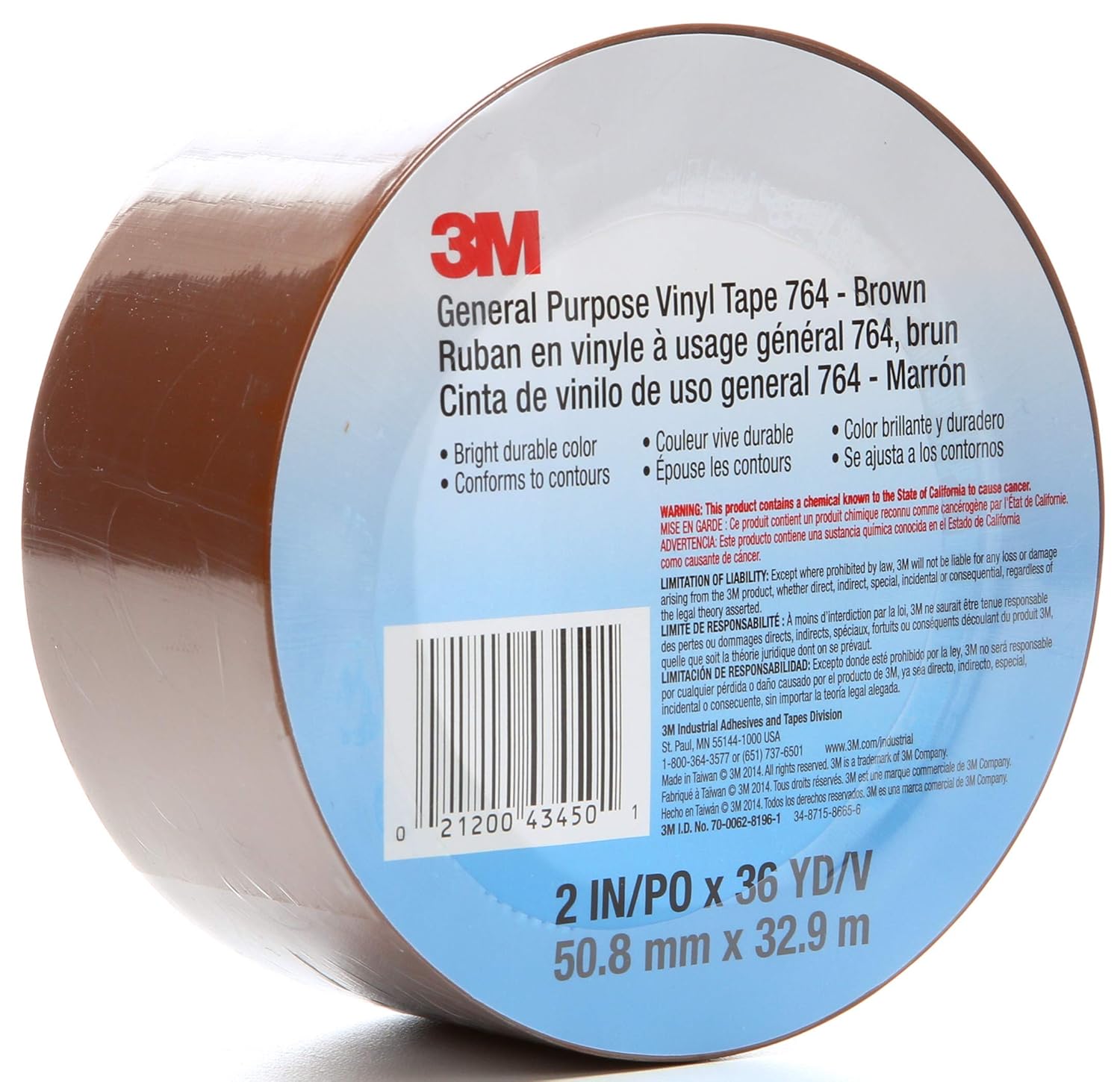 3M Vinyl Tape 764 - 2 in x 36 yd Brown Safety Warning Tape