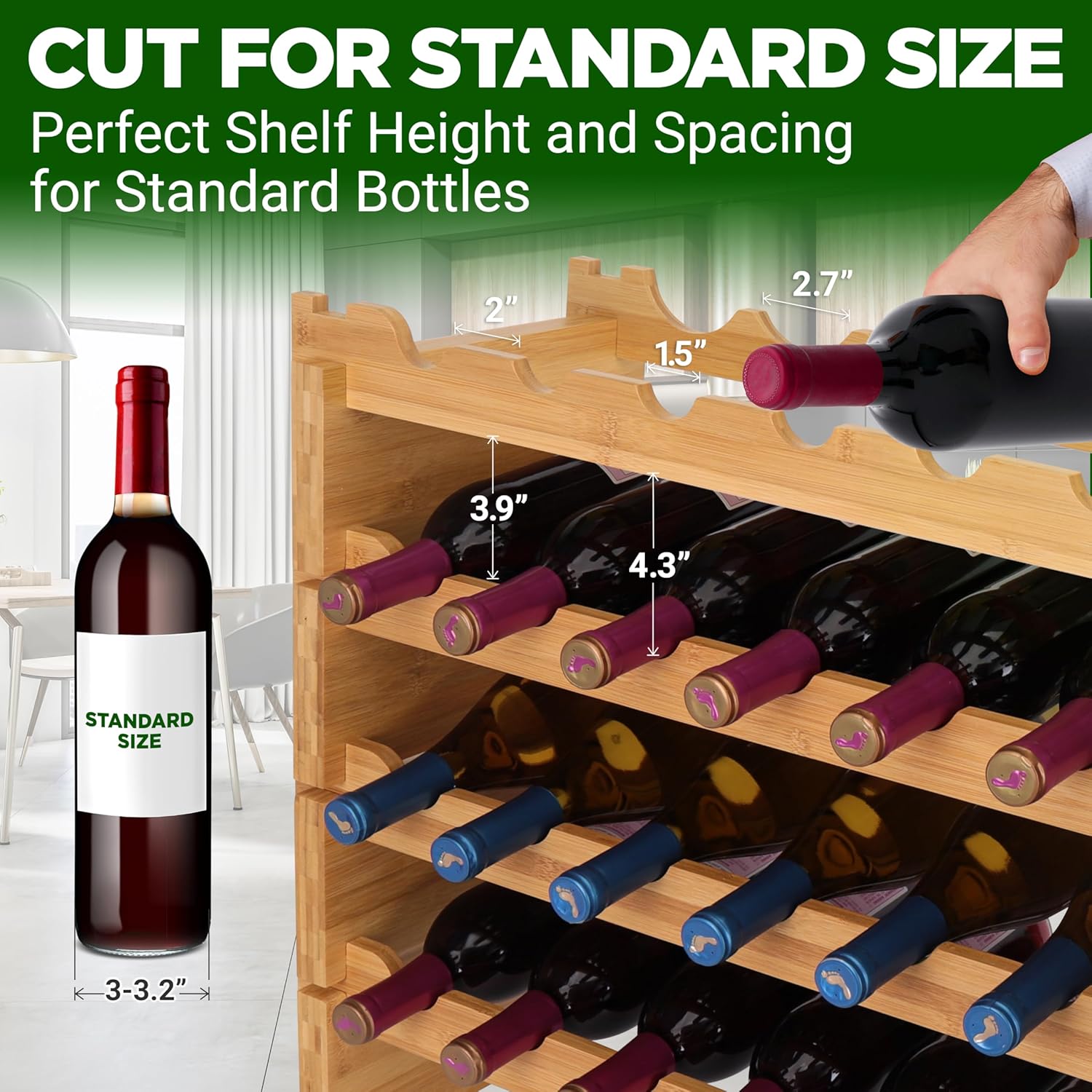 NutriChef Bamboo 8-Tier Wine Rack 72 Bottle Capacity Freestanding
