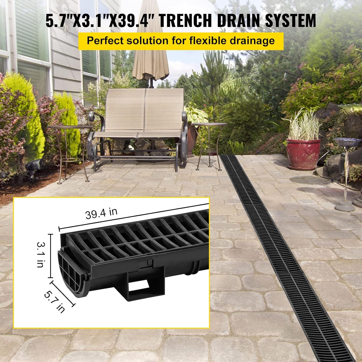 VEVOR Trench Drain System 4 Pack with HDPE Drain Trench and Plastic Grate