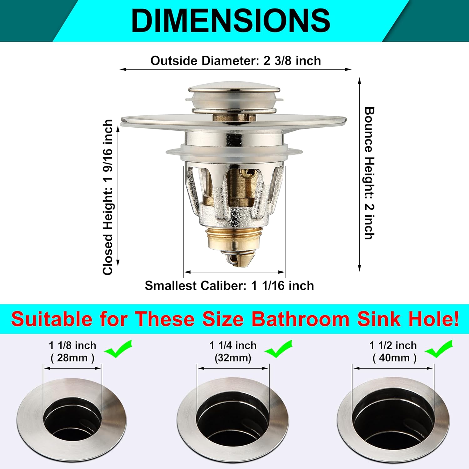 Universal Sink Stopper - Brushed Nickel Drain Plug with Anti-Clogging Strainer