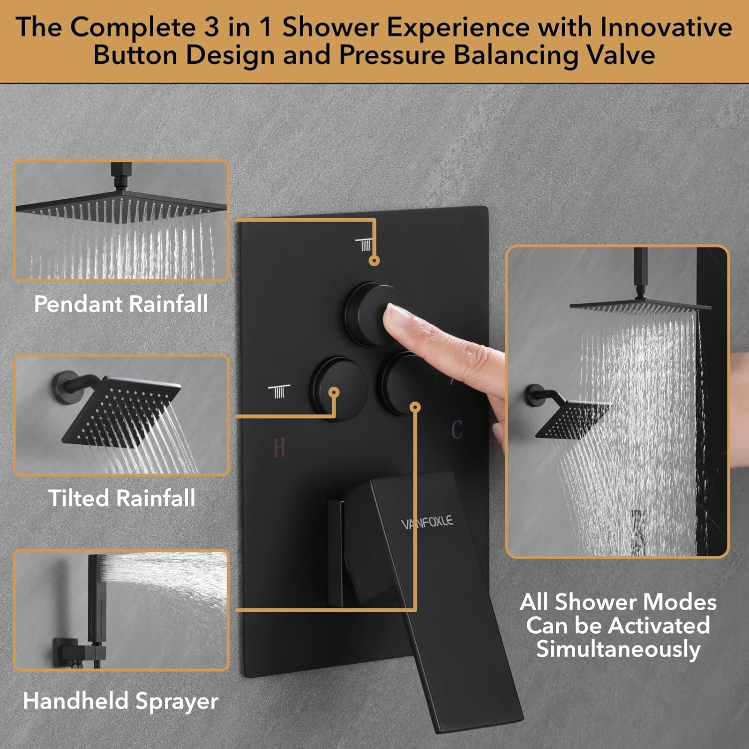 VANFOXLE Matte Black Push Button Shower Faucet Set 1