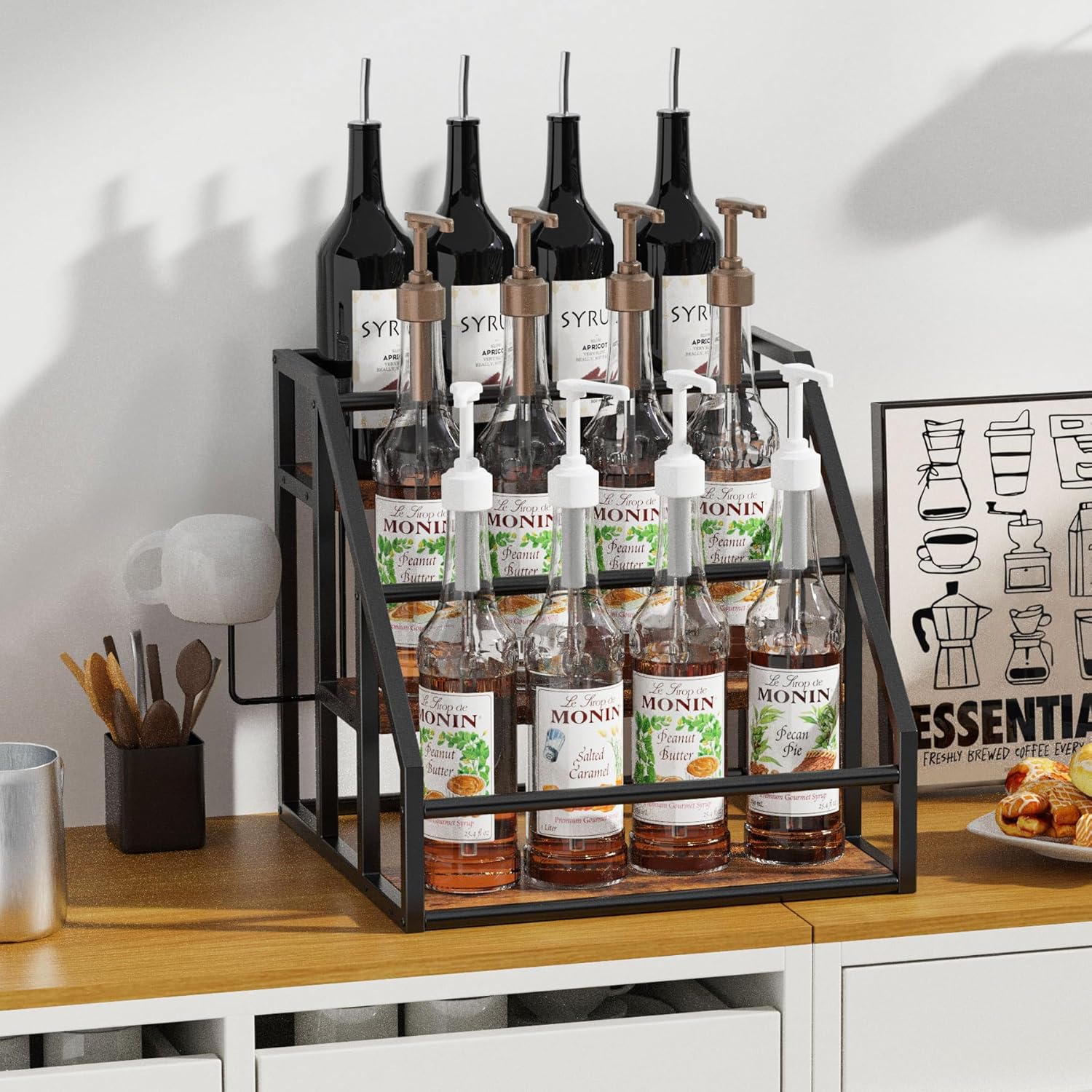Vantimo Coffee Syrup Rack Organizer 3 Tier Rustic Brown 1