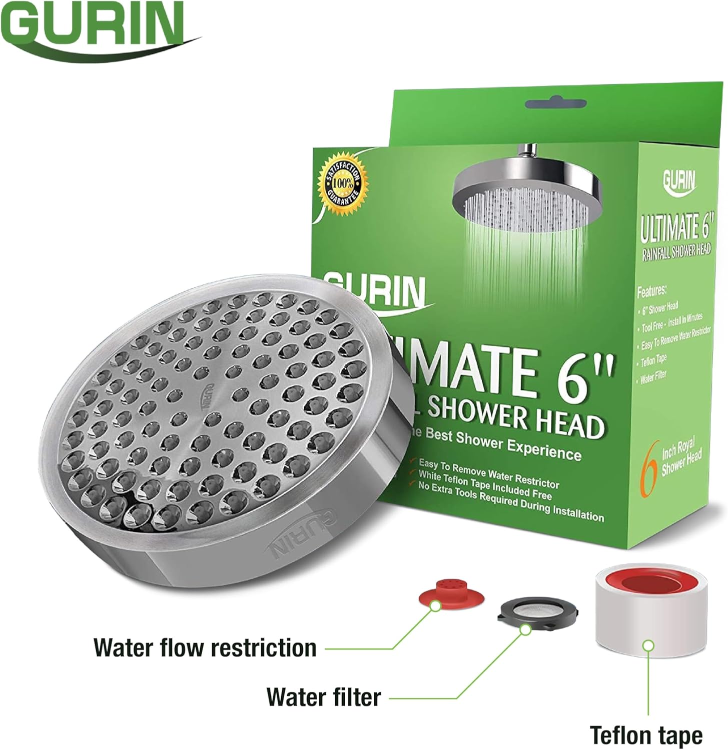 GURIN High Pressure Rain Shower Head with Chrome Finish