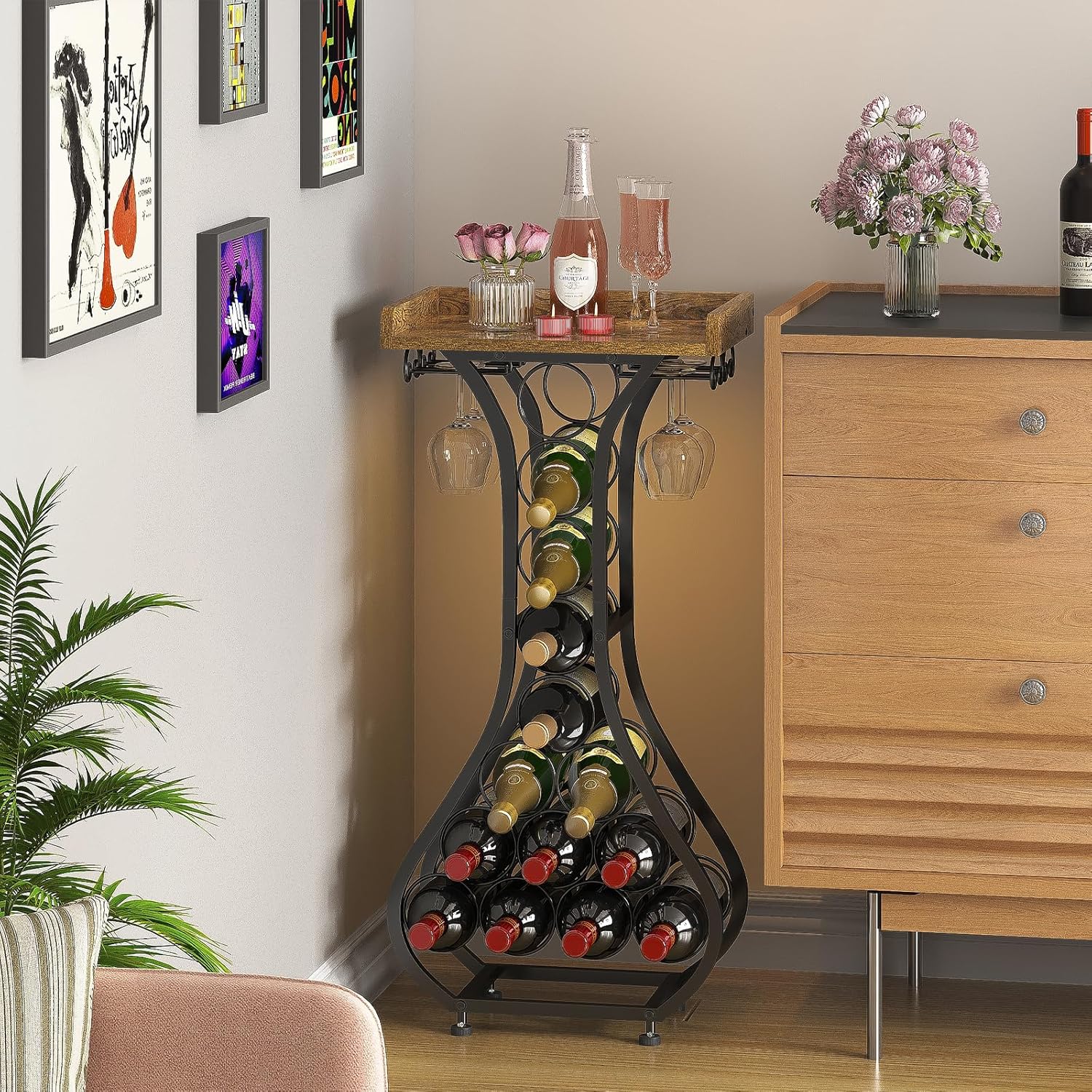 X-cosrack Freestanding Wine Rack with 14 Bottle Capacity and Glass Holder
