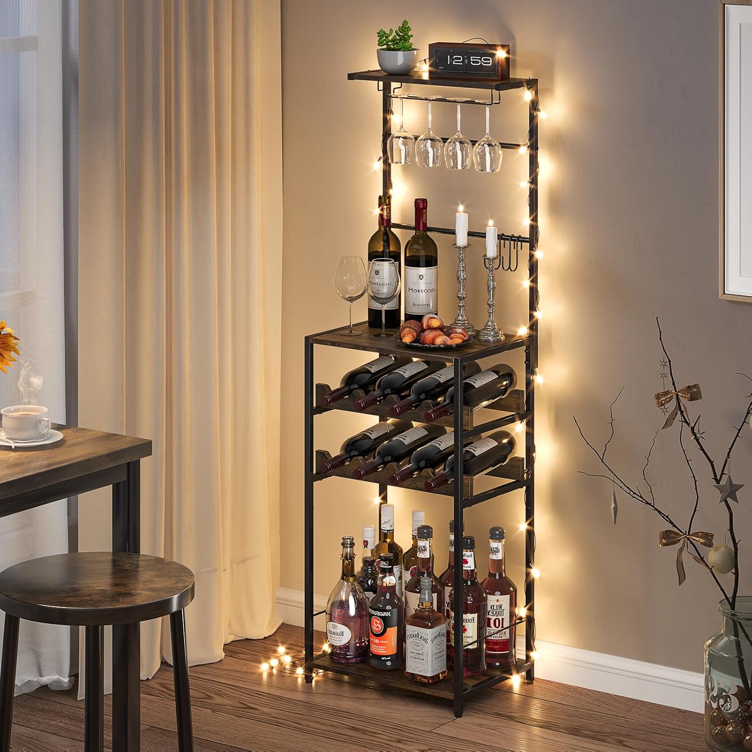 DAOUTIME 5-Tier Freestanding Wine Rack with Glasses Holder and 4 S Hooks