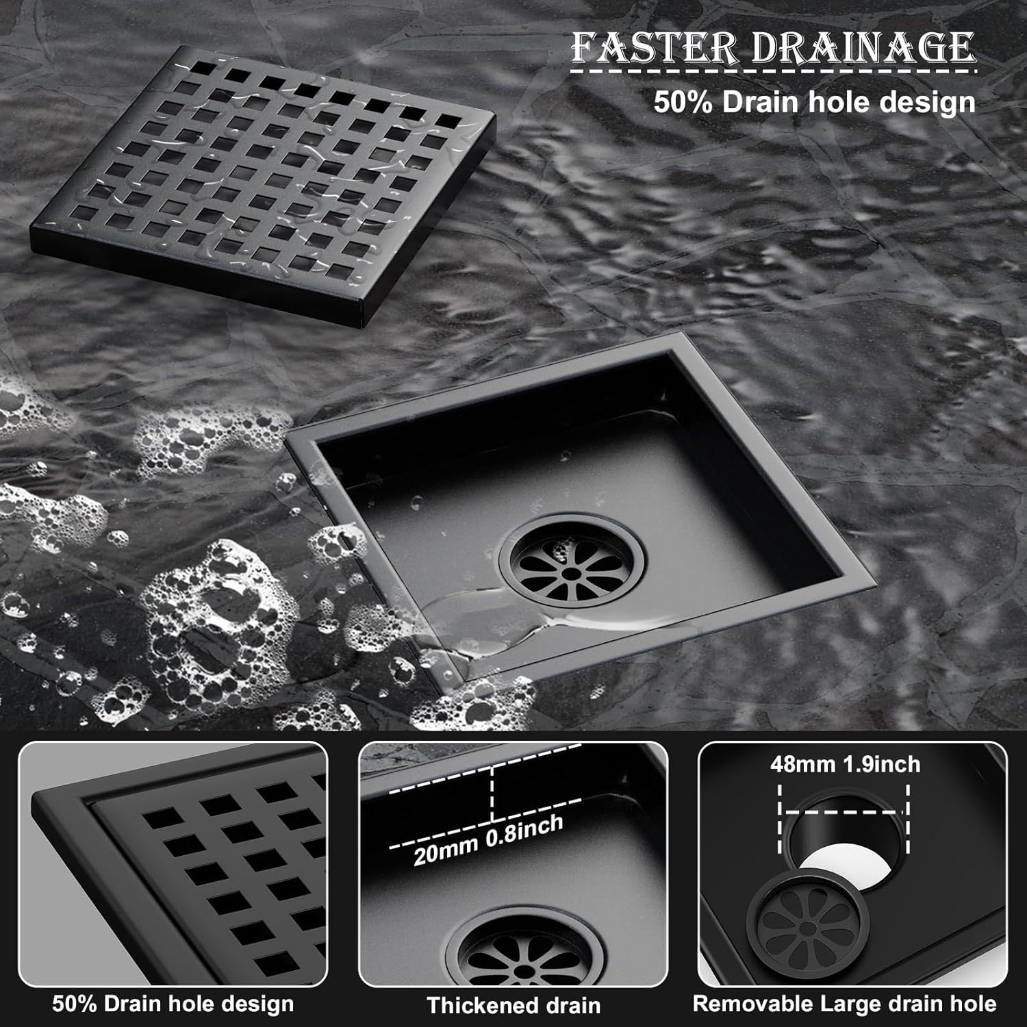 6 Inch Square Shower Drain with Flange Matte Black