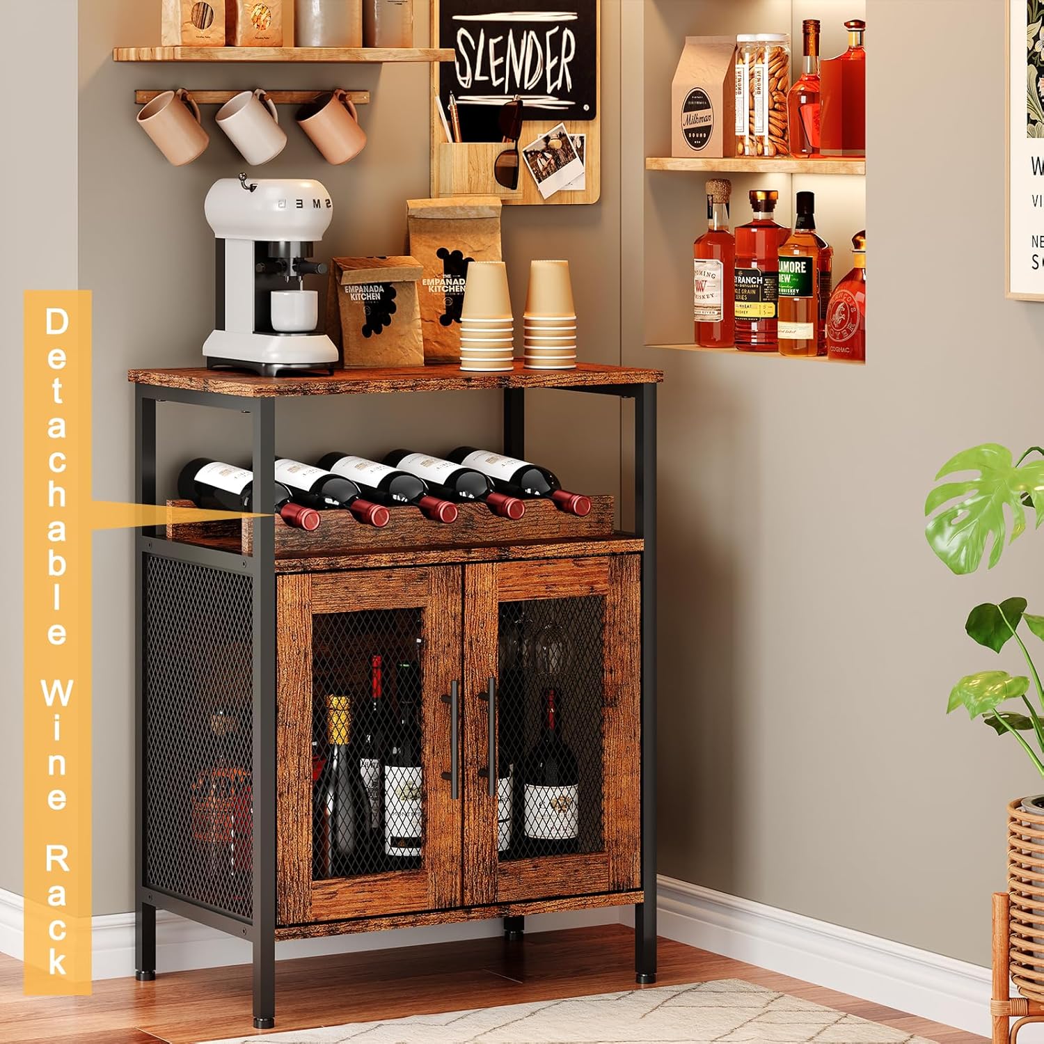 X-cosrack Rustic Wine Bar Cabinet with Detachable Rack and Glass Holder