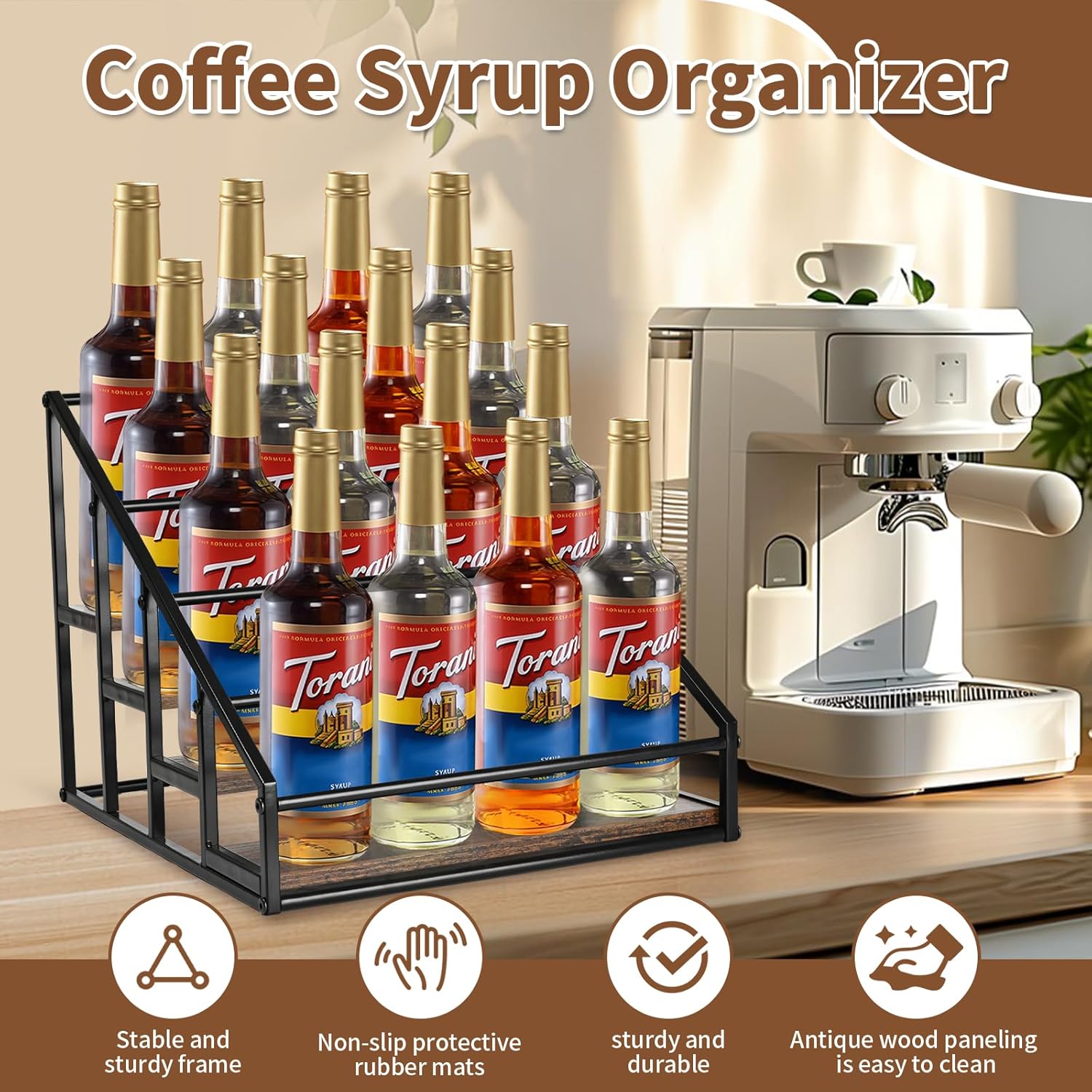 Coffee Syrup Organizer Rack with 4 Tiers for Kitchen and Bar