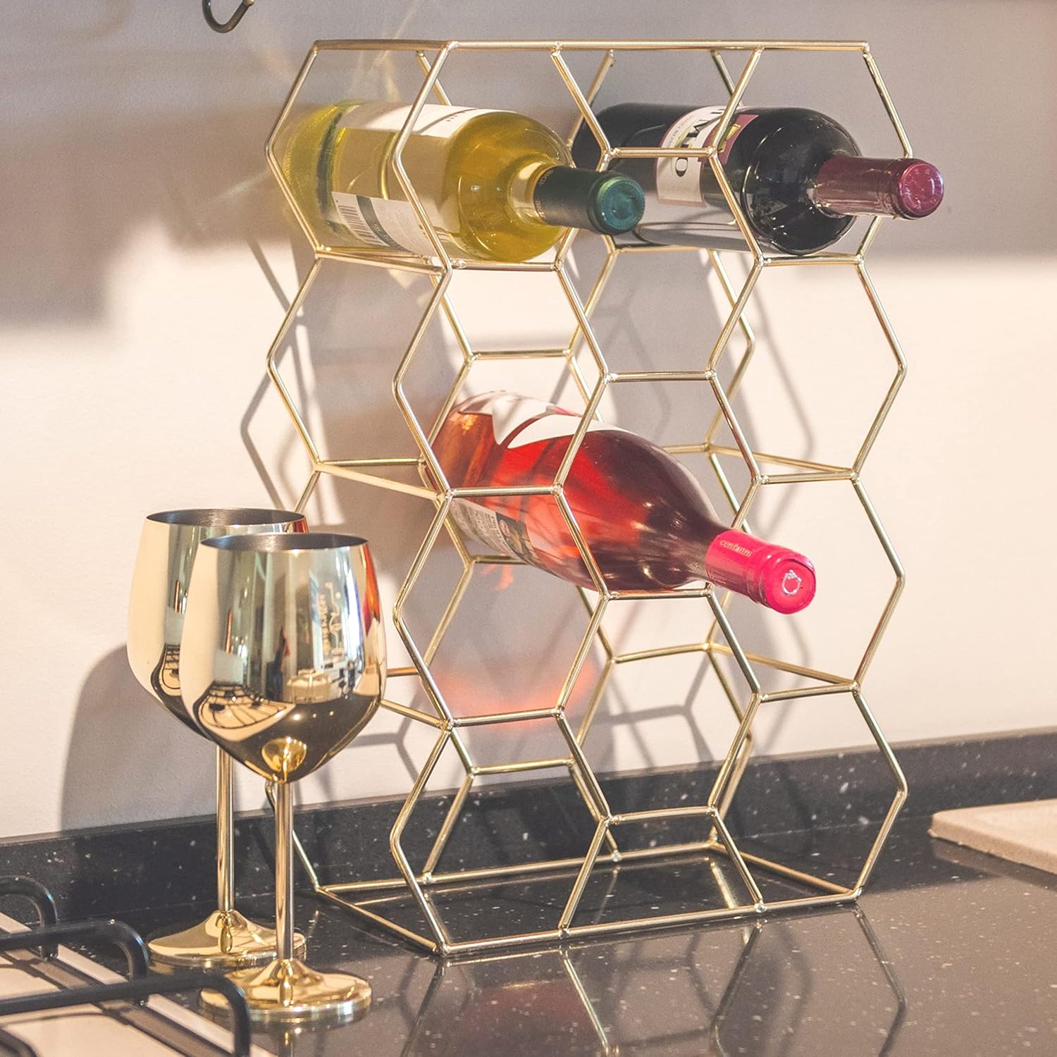 Gusto Nostro 14 Bottle Tabletop Wine Rack - Gold Metal 3 Tier Modern Design