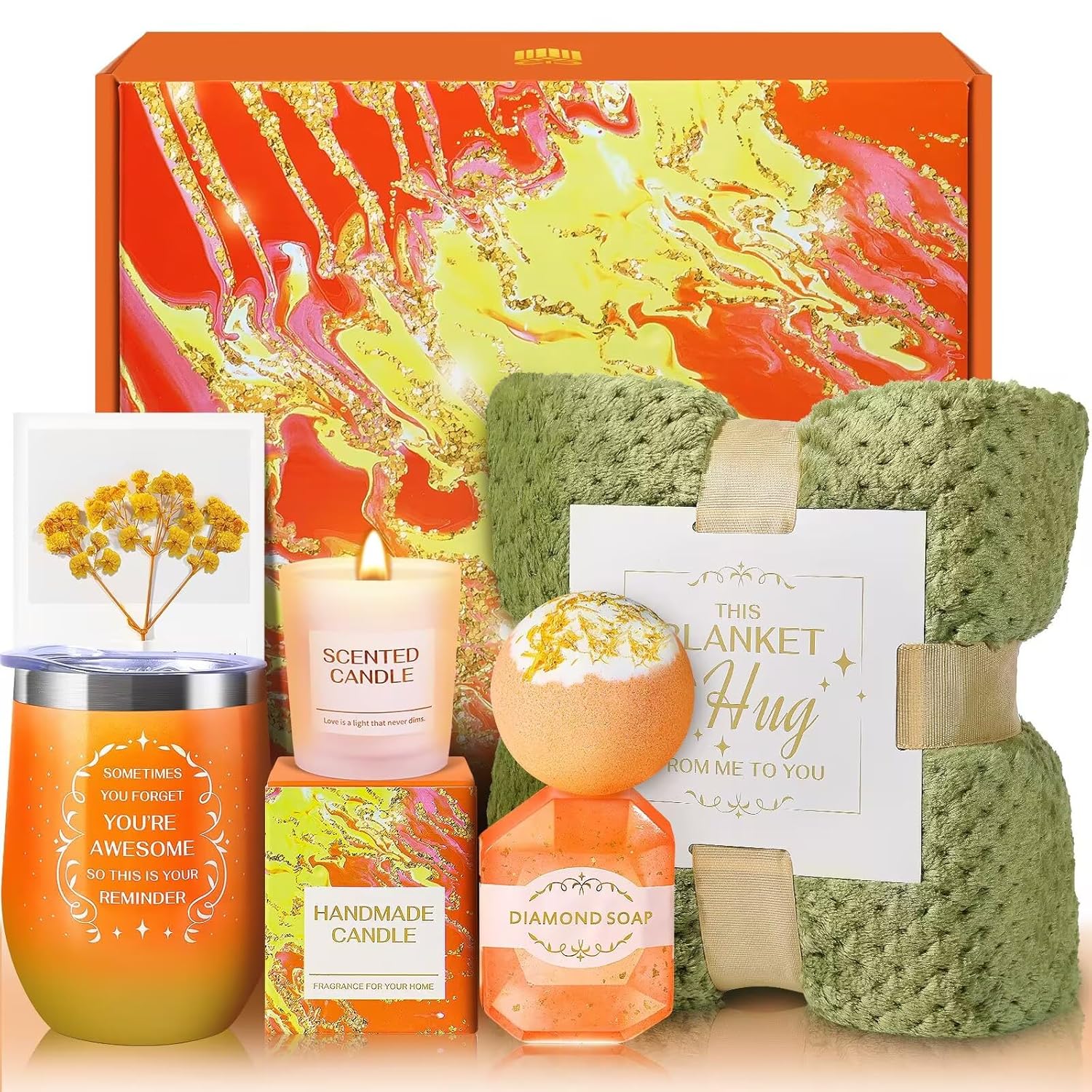 TRSILLE Orange Spa Basket with Luxury Flannel Blanket