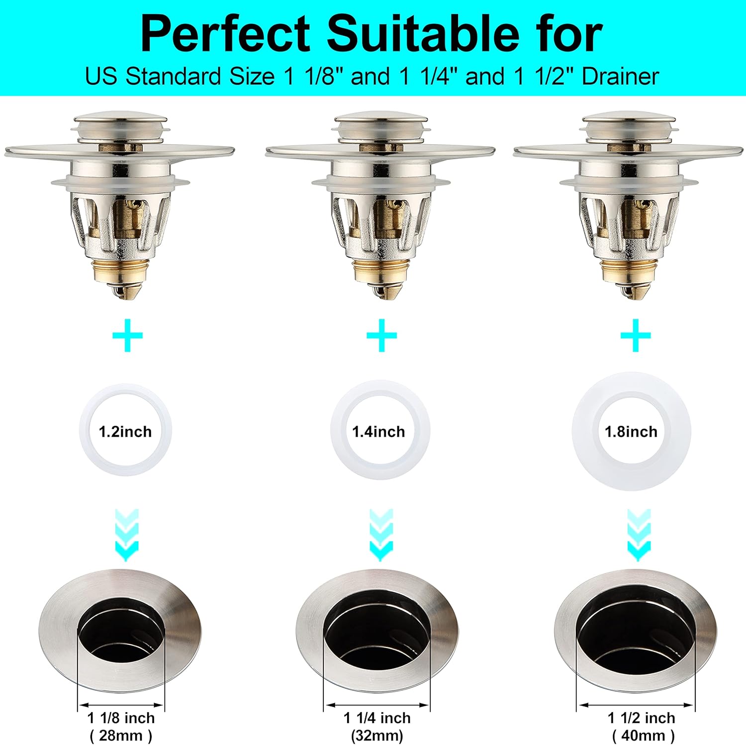 Universal Sink Stopper - Brushed Nickel Drain Plug with Anti-Clogging Strainer