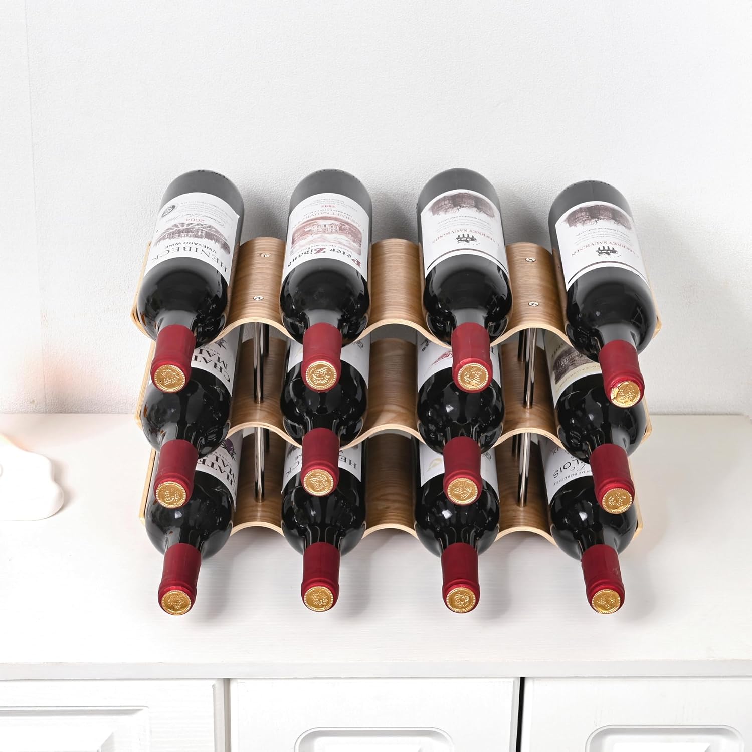 TRUDING 12 Bottle Freestanding Wine Rack - 3 Tier Wavy Wooden Storage Stand