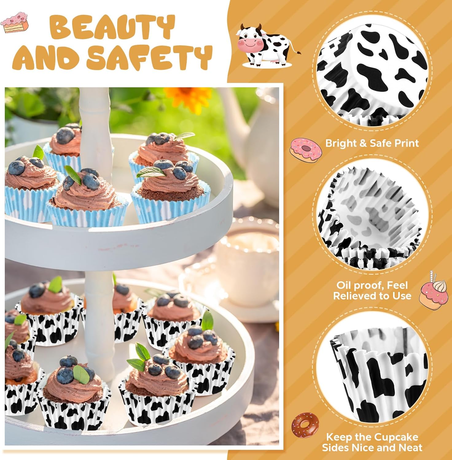 Cunhill 300 Pcs Baking Cups with Cloud Blue and Cow Print Liners
