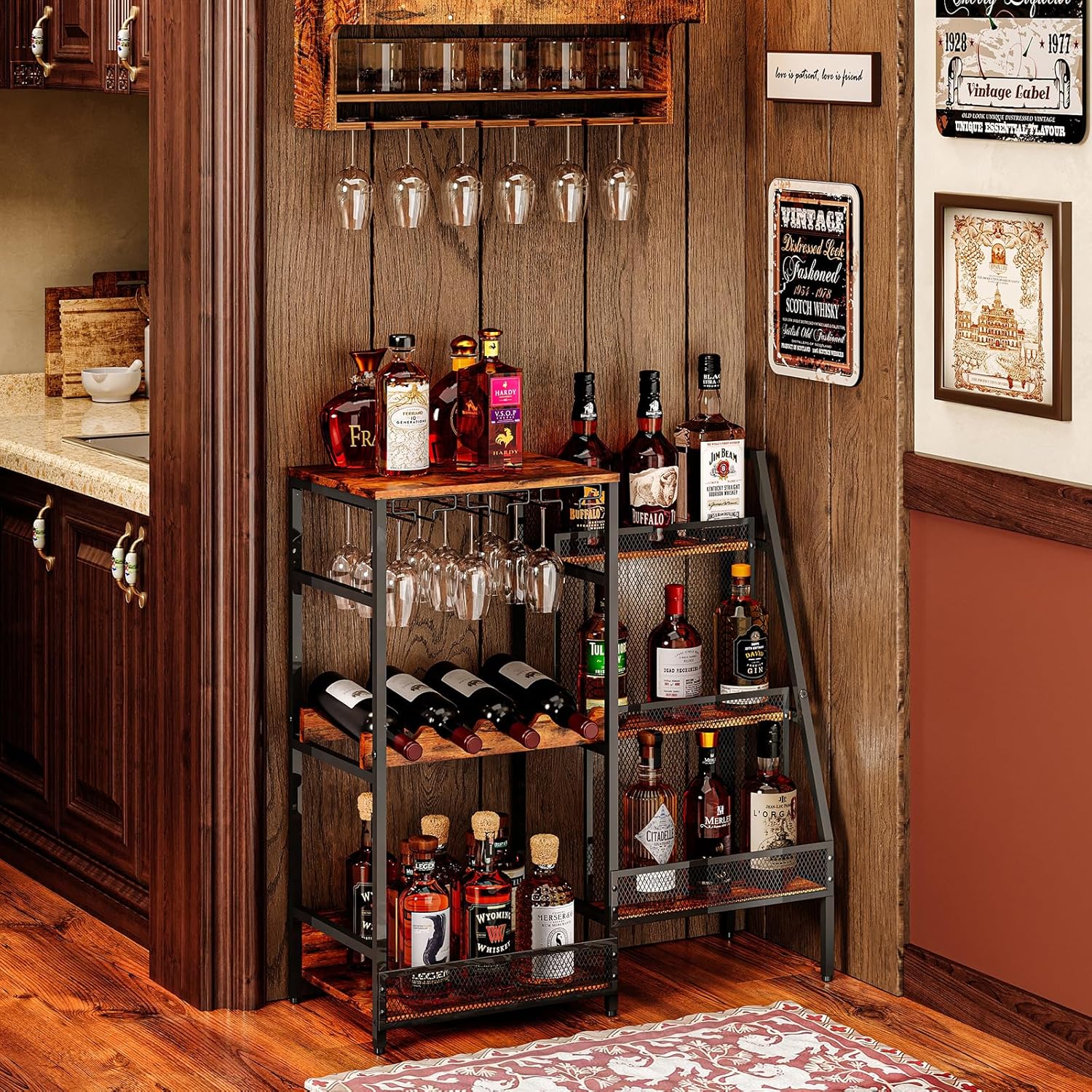 Hayexiha 3-Tier Liquor Stand with Glass Holder and Fences