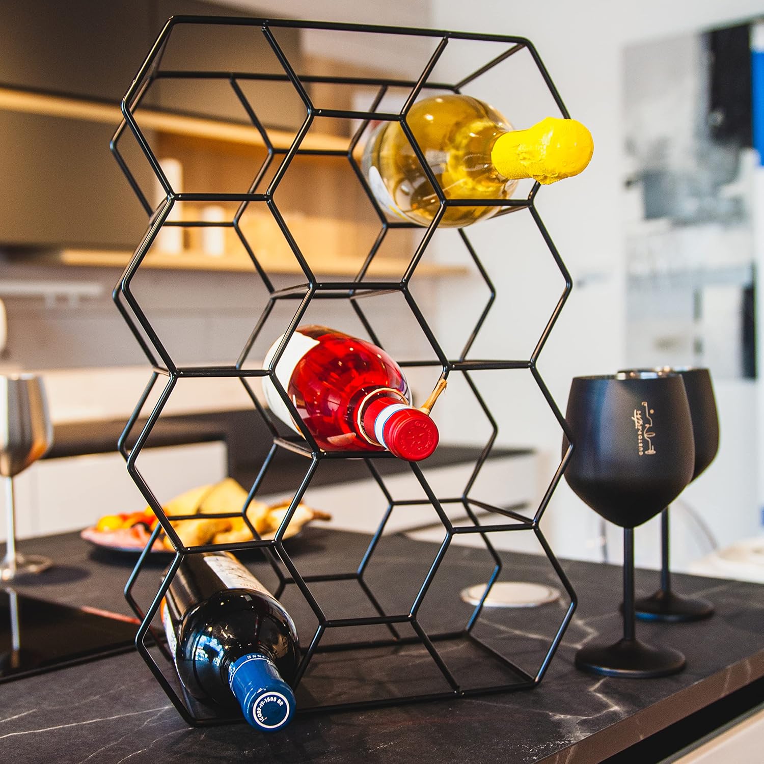Gusto Nostro 14 Bottle Countertop Wine Rack - Modern Black Metal 3 Tier