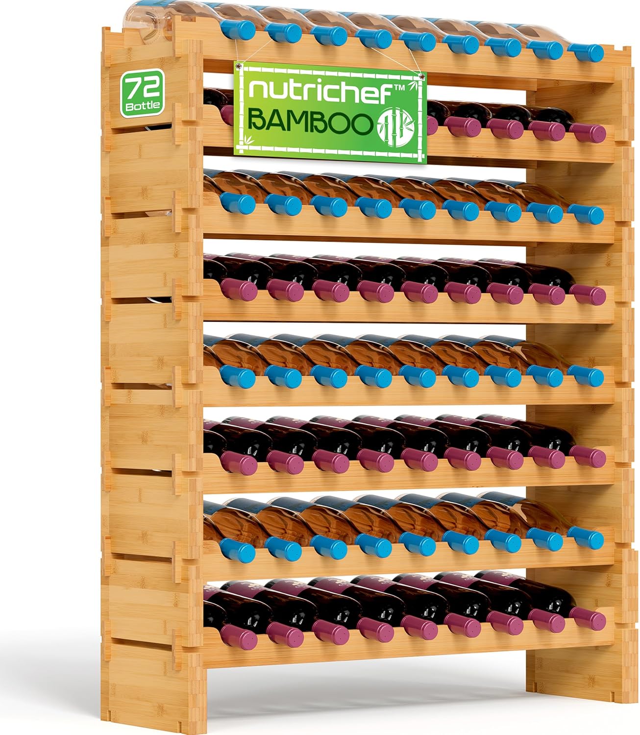 NutriChef Bamboo 8-Tier Wine Rack 72 Bottle Capacity Freestanding