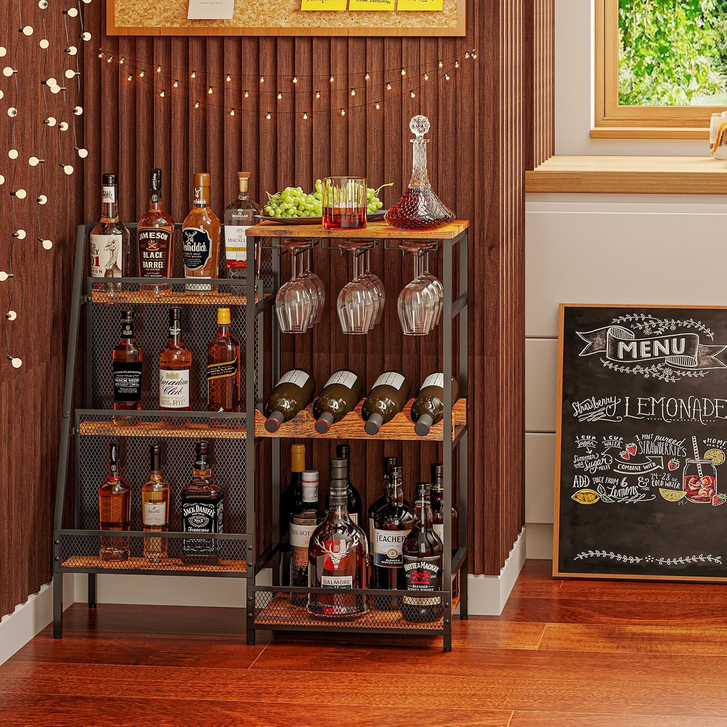 Hayexiha 3-Tier Liquor Stand with Glass Holder and Fences