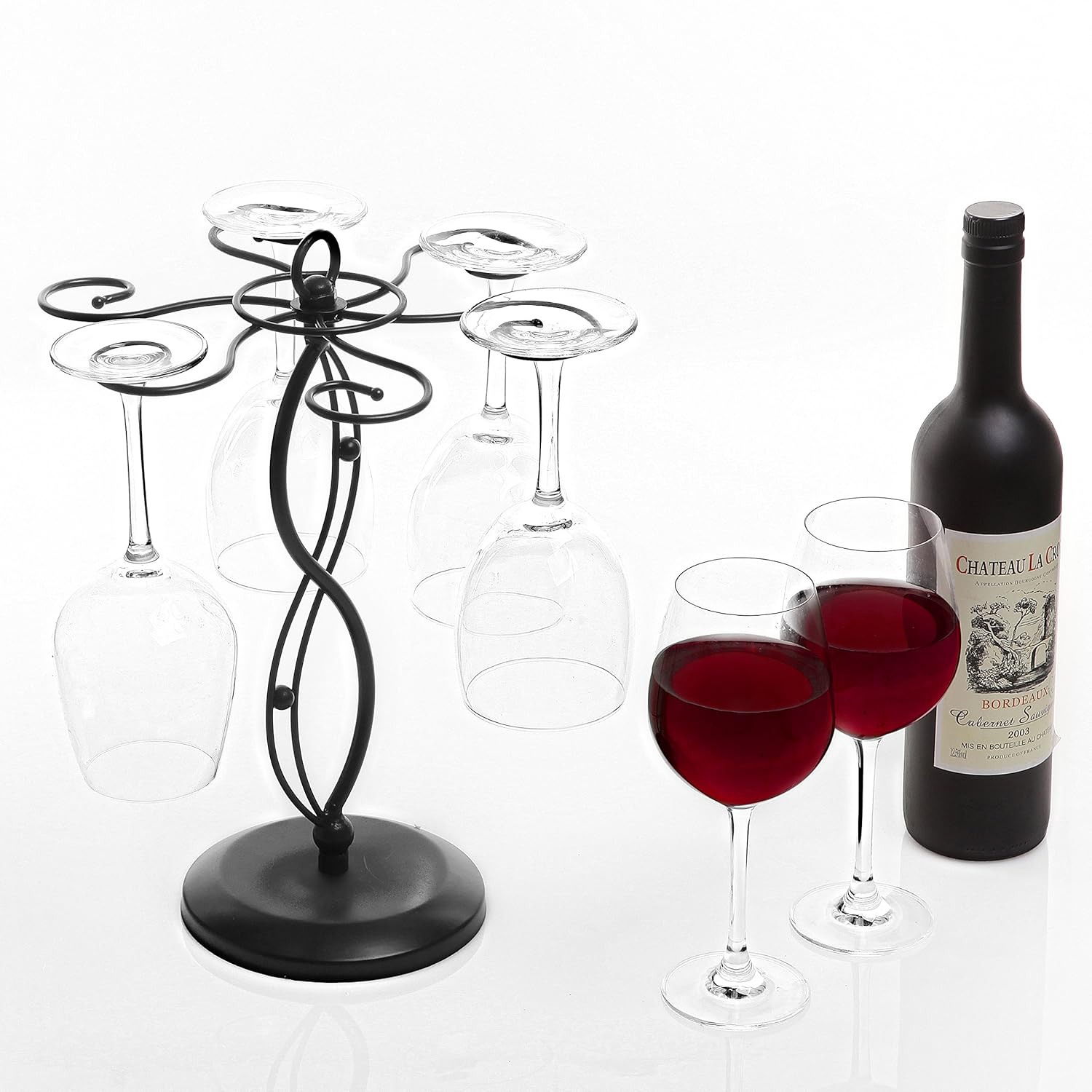 MyGift 6-Hook Rotating Wine Glass Rack - Black Metal